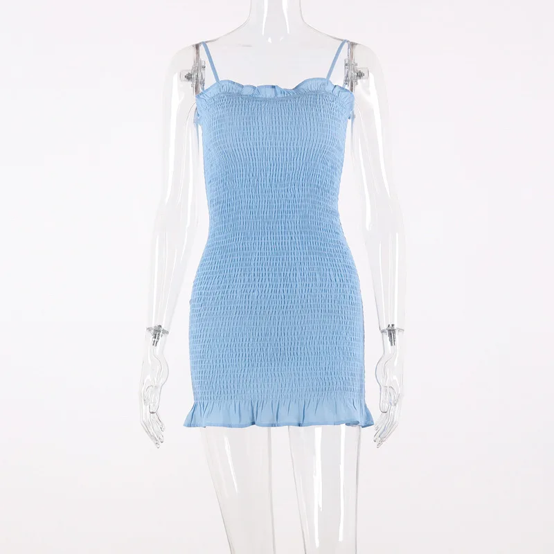 

NORMOV Women Sexy Strapless Sleeveless Sling Mini Dress Skinny Solid Color Slim Off-Shoulder Sheath Ruffle Tank Blue Dress