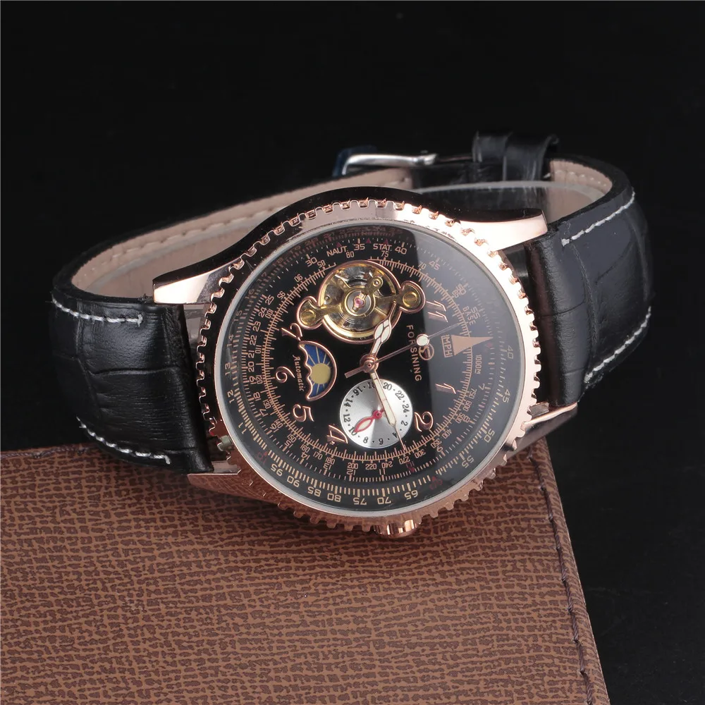 Люксовый бренд FORSINING Tourbillon часы мужские стильные кожаный ремешок модные автоматические часы водонепроницаемые Золотые механические часы