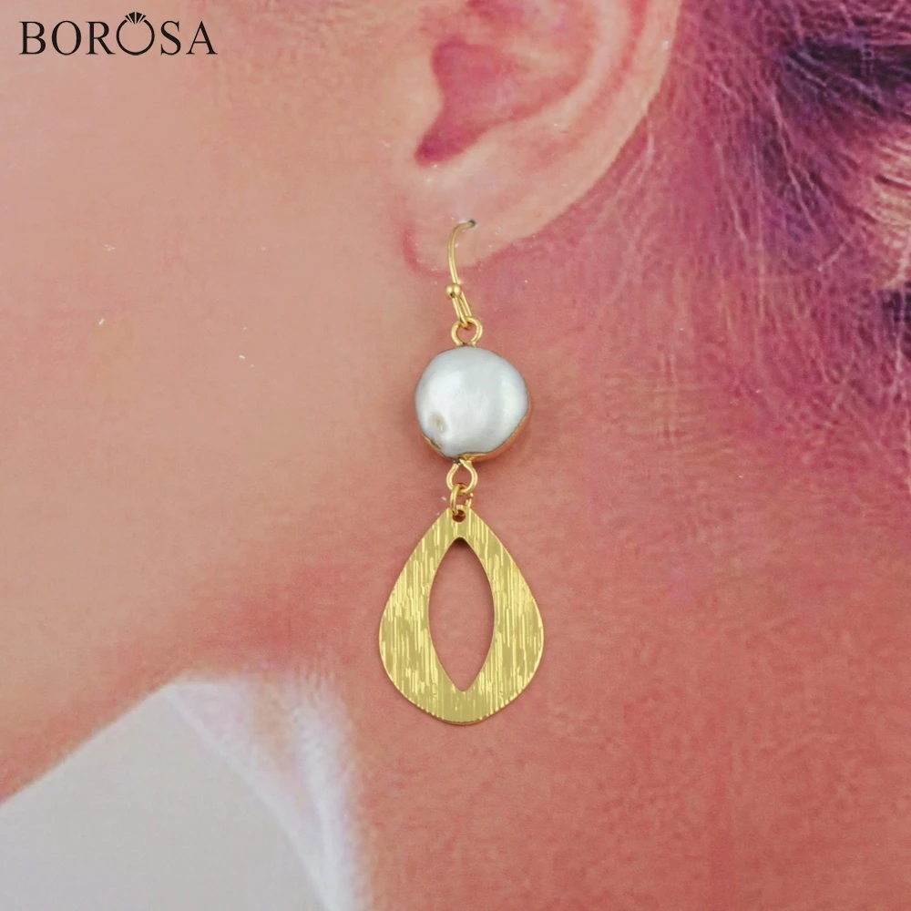 BOROSA Boho Золотой Гальванизированный натуральный пресноводный жемчуг висячие серьги дизайн круглый жемчуг с металлом женские серьги Подарки G1791