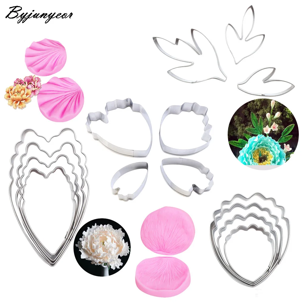 Byjunyeor Peony Flower Veiners & Leaf Cutters Silicone Cake Mold Sugar Cookie Cutter Clay Water Paper For DIY Cake Making C285