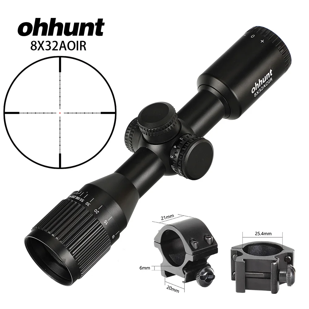 Low Picatinny Rings Ohhunt 8X32 AOIR компактные охотничьи Тактические оптические прицелы Mil Dot с подсветкой, стекло, травленая сетка, башенки, сброс оптики, прицел - Цвет: Low Picatinny Rings