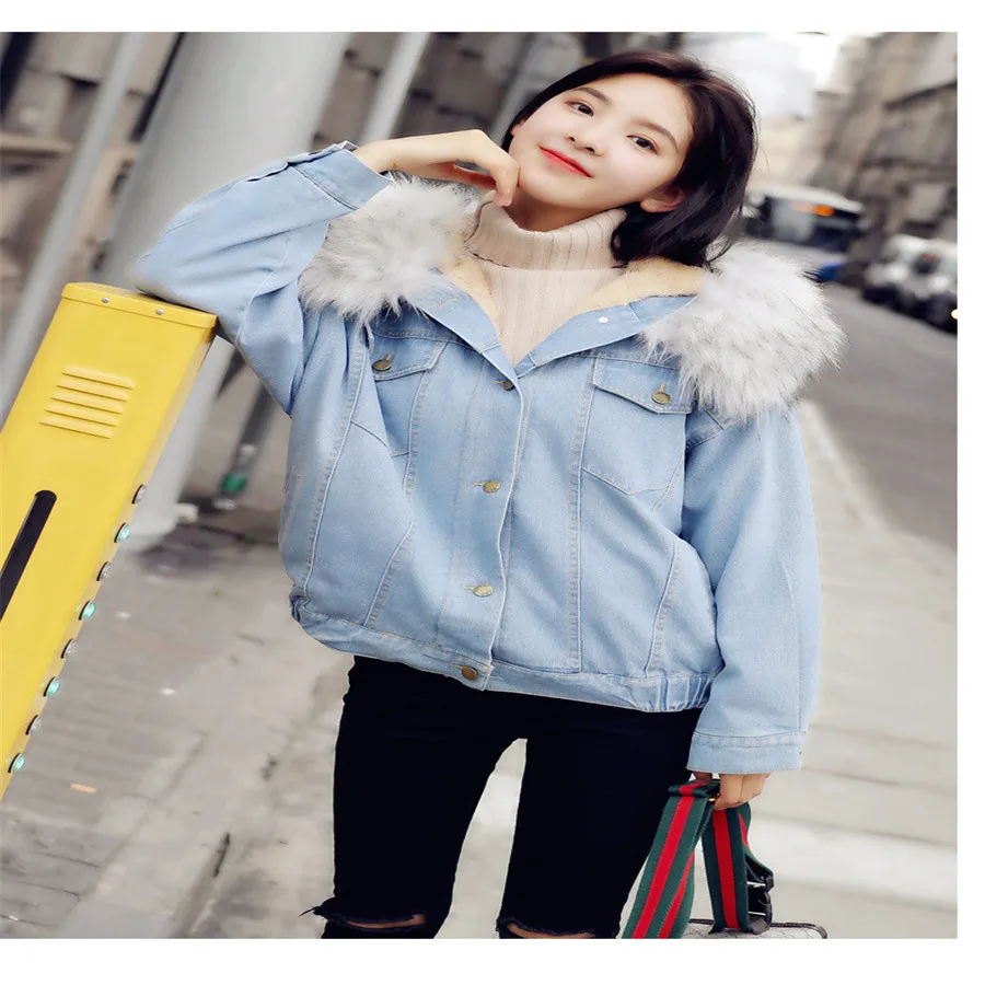 2019 зима новый меховой воротник с капюшоном плюс размер бархат Толстая джинсовая