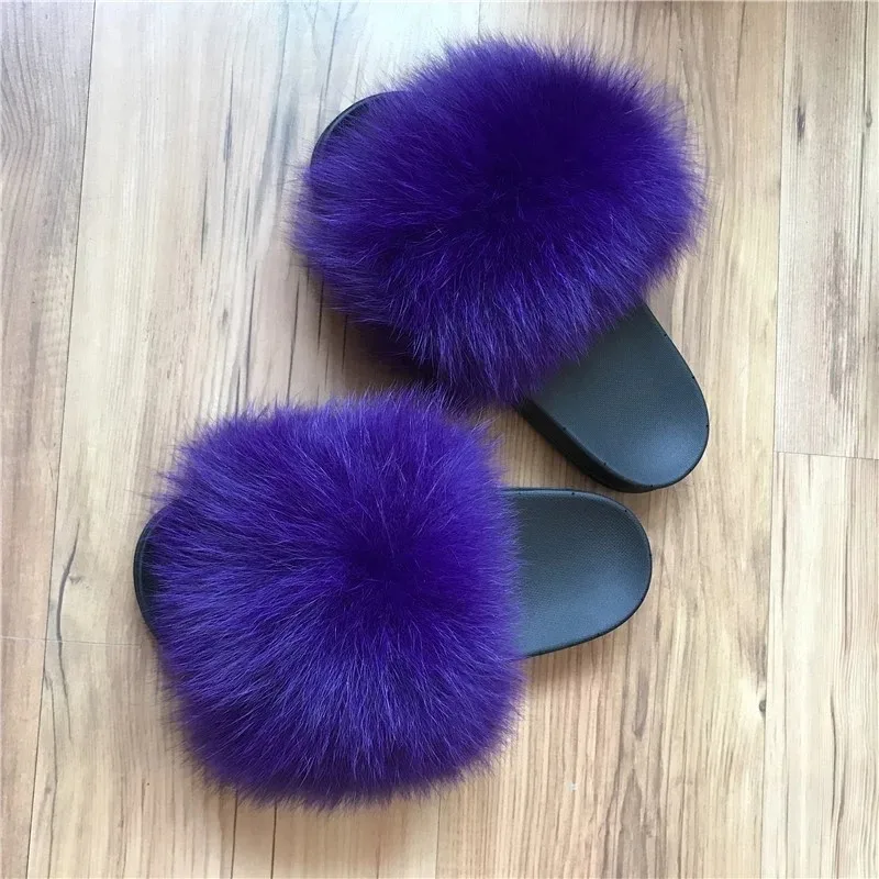 Fluffy Slippers Real Fox Fur Slides Indoor Flip Flops Casual High Recommend Raccoon Fur Sandals Vogue Plush Shoes