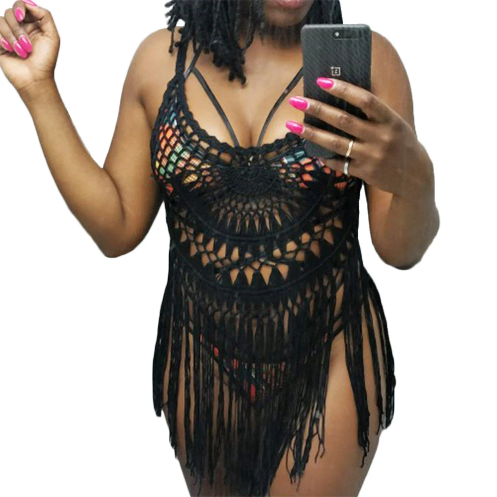 S-XXL большие размеры Женская длинная бахрома туники для вязания крючком Пляжная