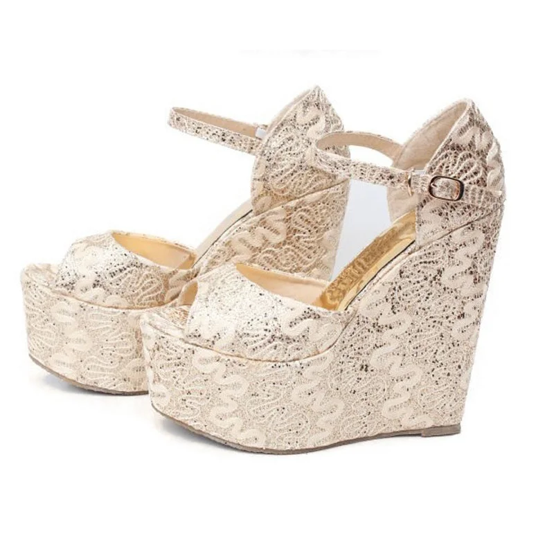 Женские босоножки с открытым носком на танкетке 15 см кружевом высоком каблуке