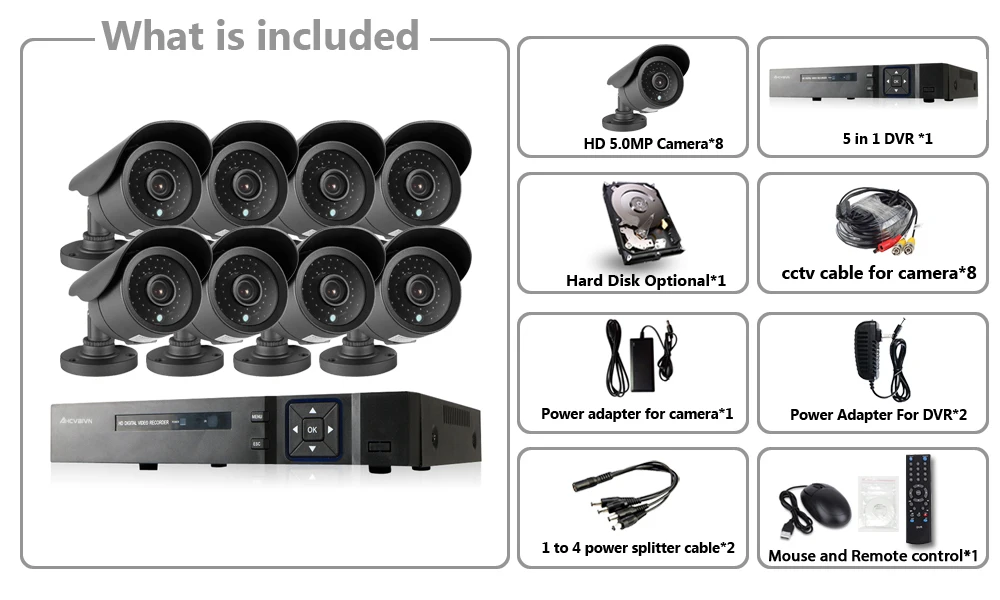 5MP CCTV система 8CH DVR комплект 8 шт. 5MP Низкая освещенность камеры Металл водонепроницаемый открытый Крытый AHD CCTV камера Система дистанционного просмотра