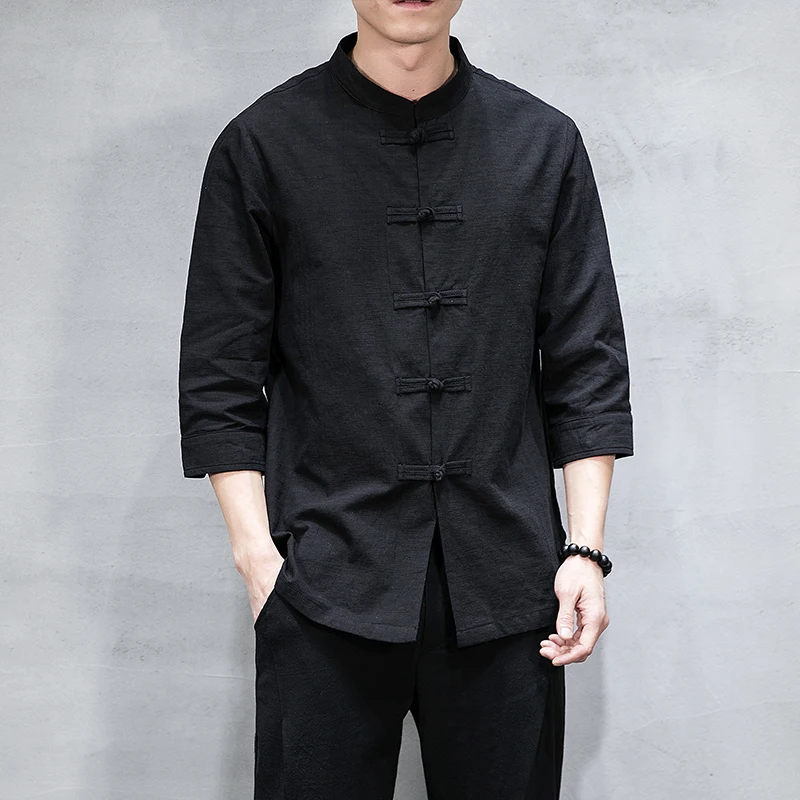 2019men's Повседневная рубашка из хлопка и льна смешанный воротник-стойка дышащий
