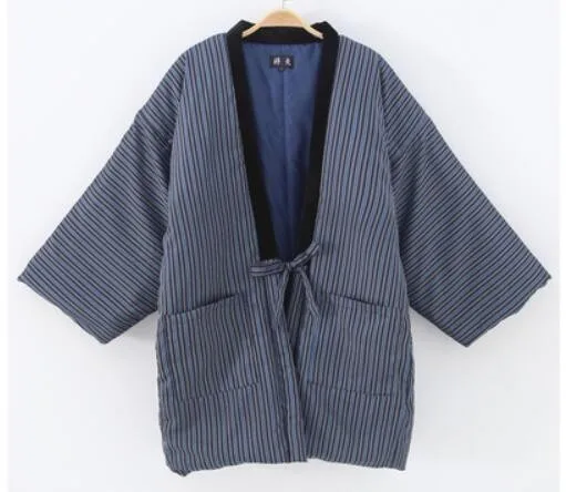 Осенне-зимнее мужское кимоно Haori, толстая теплая хлопковая стеганая куртка, Повседневная Домашняя одежда, мужское однотонное Свободное пальто H9024 - Цвет: 2
