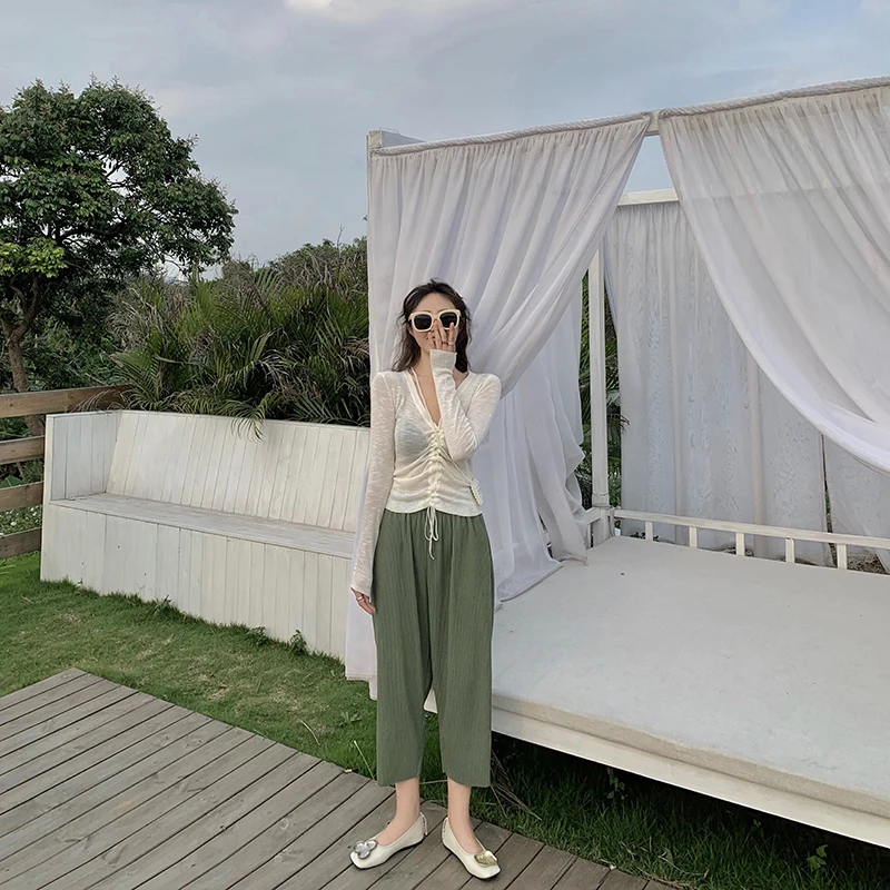 2019 summer korean style v neck thin sweater see through knitted long sleeve tops womens lace up tee shirt femme (R4484) | Женская