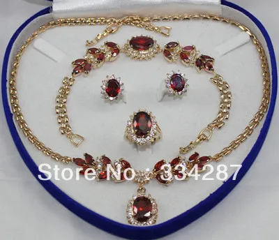 

18KGP red blue purple zircon beaded flower necklace bracelet earring ring set