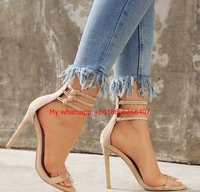 ladies suede leather cover heels gladiator sandals woman open toe ankle wrap shoes lady thin high heels sandals