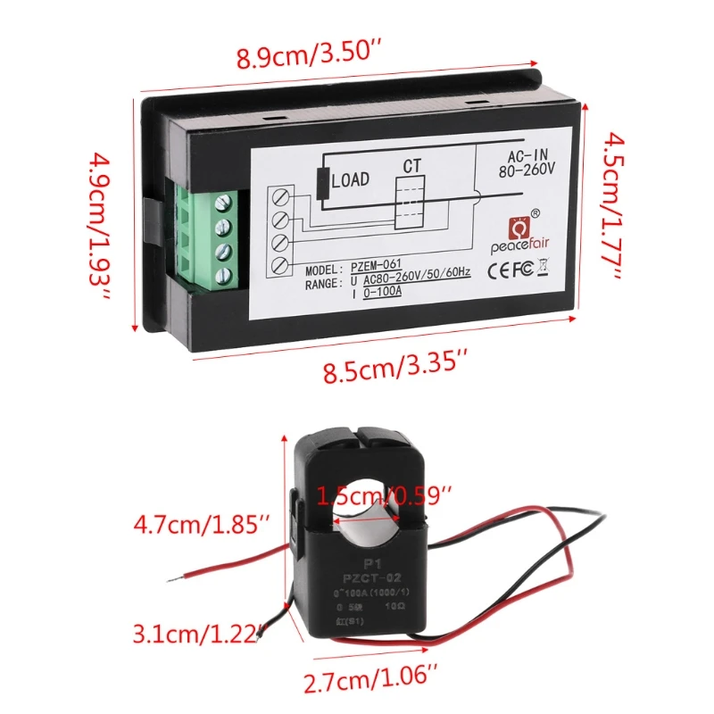 

AC 80-260V 100A Voltage Current Watt Power Energy Meter PZEM-061 with Split CT
