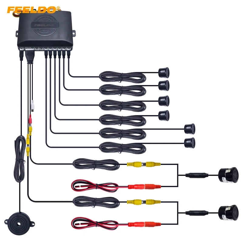 

FEELDO Car 6 Sensors Parking Sensor with 2pcs CCD Camera Dual Visual Rearview Video Parking Backup Radar System #HQ1966