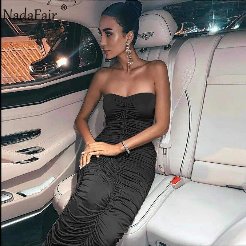 Nadafair Ruched без бретелек с открытыми плечами сексуальное платье для женщин открытая спина Bodycon Лето миди