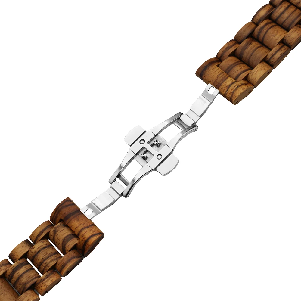 Wooden Watch Band 22mm for TAG Heuer Stainless Steel Butterfly Buckle Quick Release Strap Wrist Loop Belt Bracelet Brown + Tool