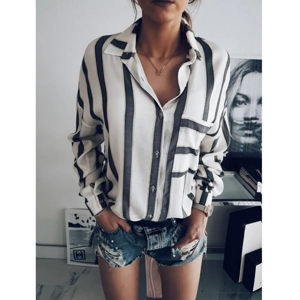 Новинка 2018 Женская Элегантная черная полосатая рубашка с длинным рукавом и