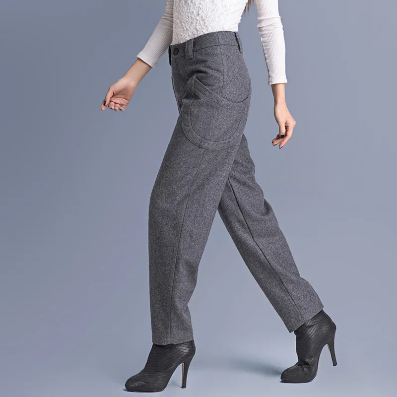 WQJGR 2021 News Winter Wool Haren Pants Woman High Waist Gray and Black Plus Size Long Trousers