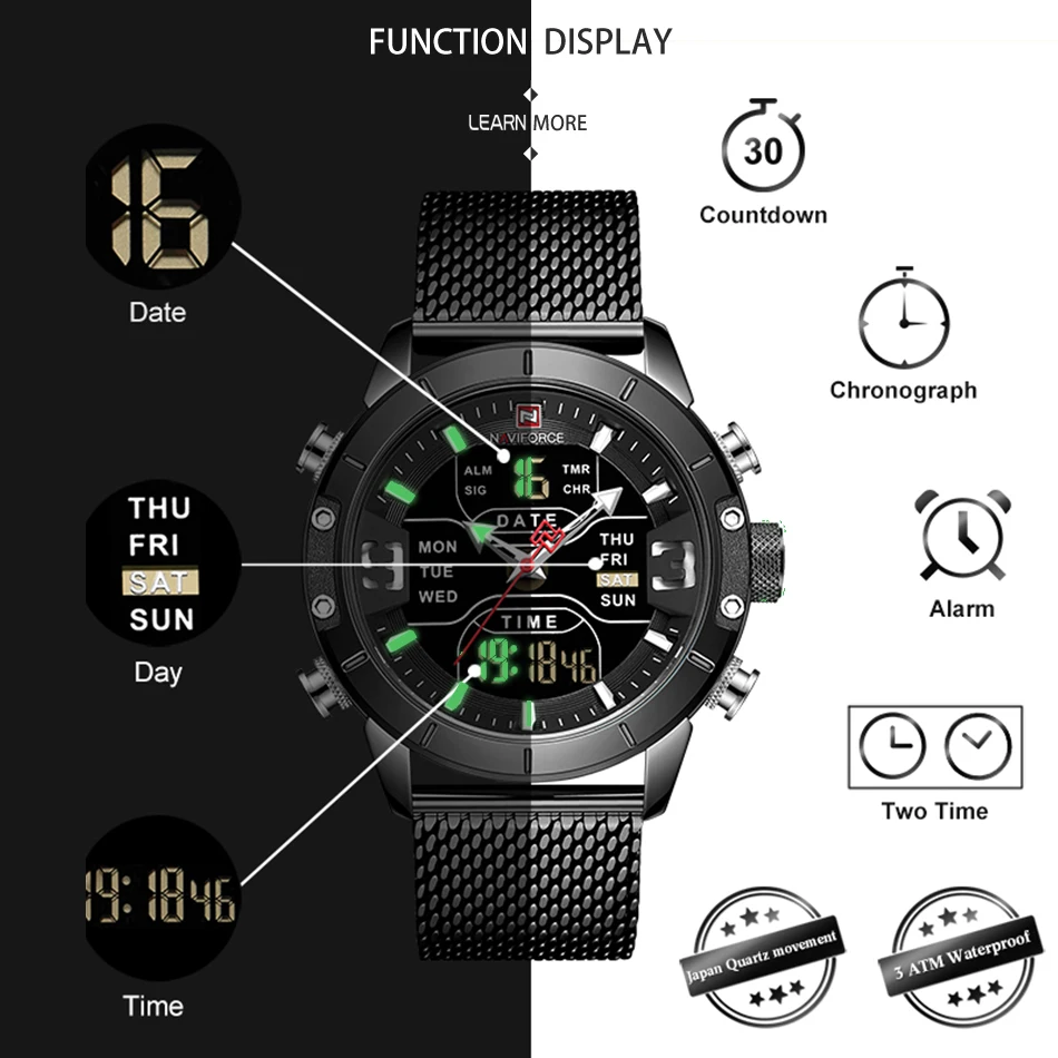 Мужские часы лучший бренд класса люкс NAVIFORCE 9153 светодиодный Секундомер спортивные военные водонепроницаемые наручные часы со стальным ремешком Мужские часы