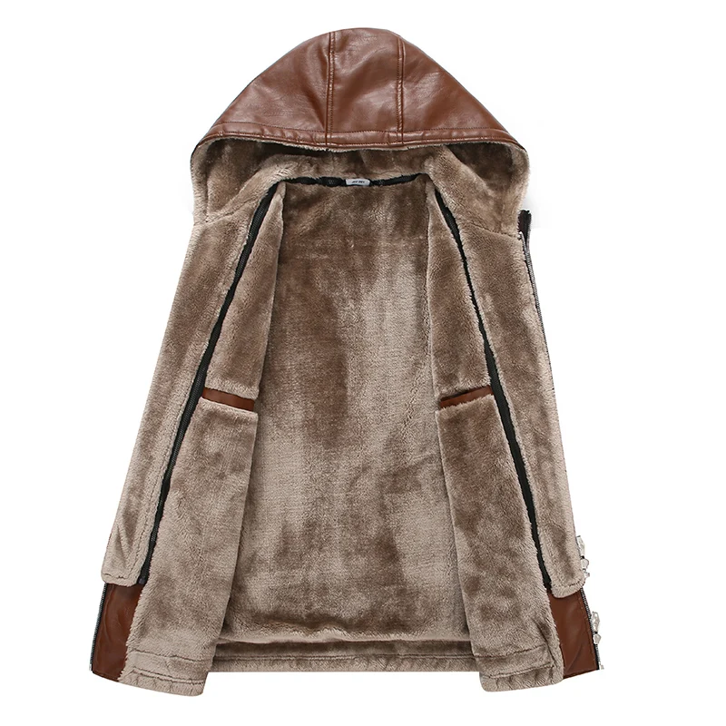 Мужская куртка из ПУ кожи с капюшоном черная и коричневая Толстая теплая