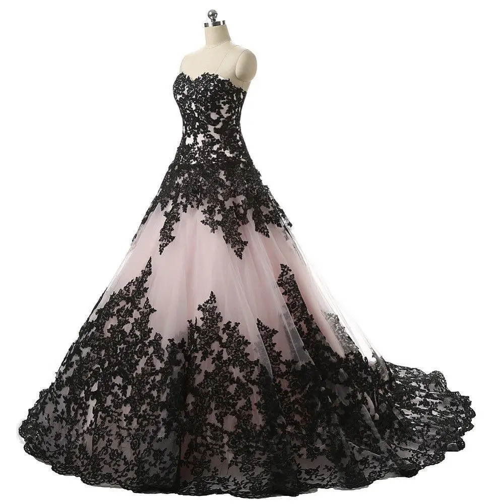 New Gothic Black Pink Lace Appliques Prom Dress Evening A Line Bridal Ball Gowns Princess Formal Occasion Custom Plus Size | Свадьбы и