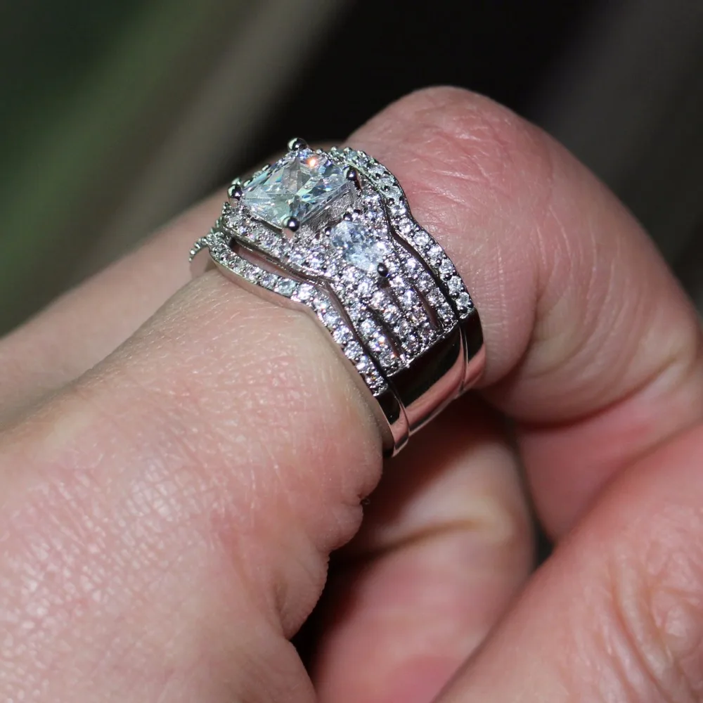 3PCS Stunning Fashion Jewelry 14KT White Gold Filled Princess Cut 5A Zirconia CZ 3 IN 1 Party Enternity Wedding Band Finger Ring | Украшения
