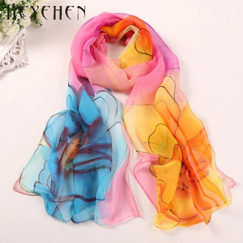 

New Design Chiffon Georgette Silk Feeling Women Scarf Flower Gradient Color Bandana Summber Beach Sarong Elegant Scarf&Shawl