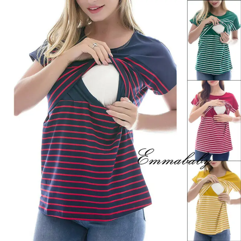 

PUDCOCO Women Pregnant Maternity Fashion Loose Blouse Breastfeeding Top Short Sleeve Striped Nursing T-shirt Top