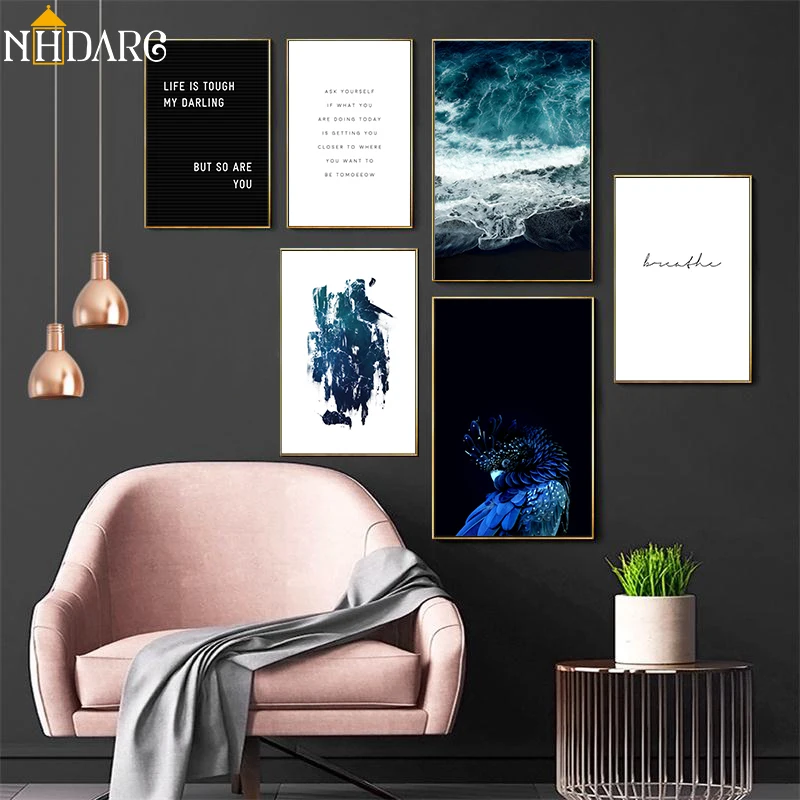 

Blue Parrot Seascape Quote Landscape Nordic Canvas Poster Painting Scandinavian Decorative Picture Modern Living Room Home Decor