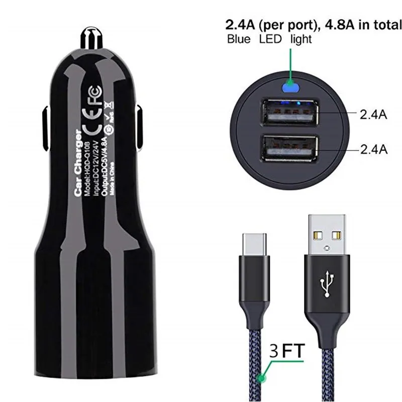 Автомобильное зарядное устройство флеш накопитель двойной выход 3 фута USB кабель
