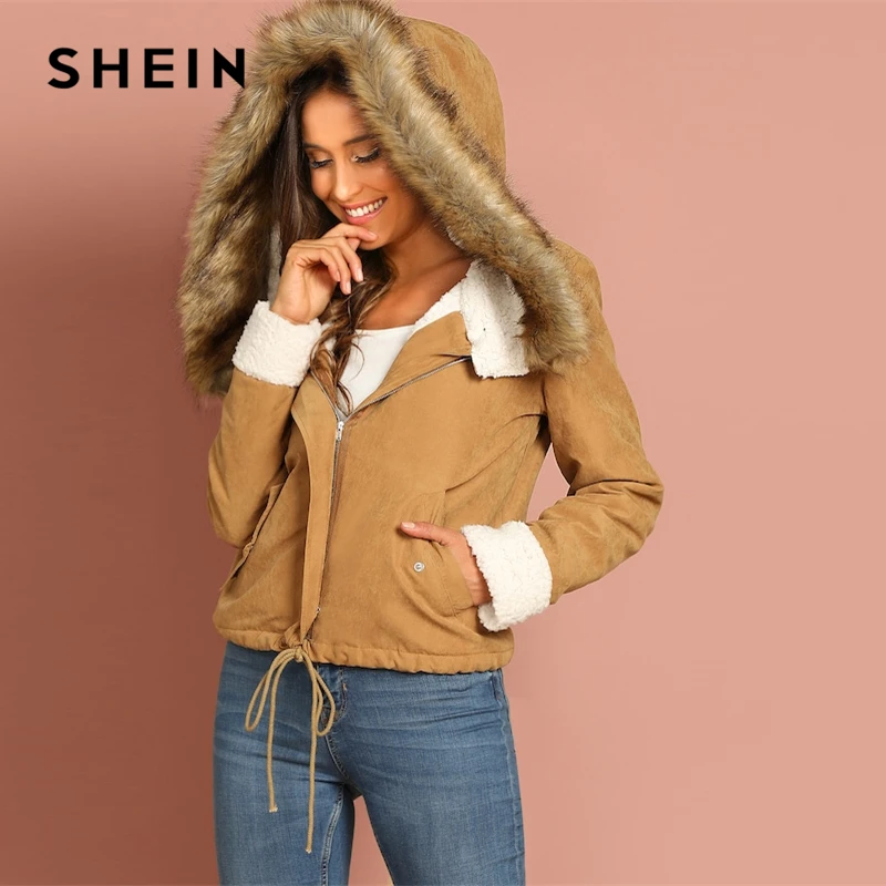 SHEIN Модная Куртка Из Эко Меха С Капюшоном Стильная Куртка Из Искусственного Меха
