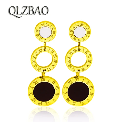 Gold Plated QLZBAO,, серьги из розового золота 361л, ювелирные изделия из нержавеющей стали, модные римские цифры, серьги-подвески для женщин, свадебный подарок - Окраска металла: Gold Plated