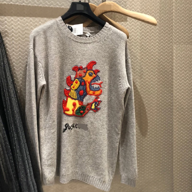 2018 Autumn Winter Luxury Monster Embroidery Sweater Pullover Women Runway Designer Long Sleeve Ladies Gray Knit Jumper Clothes | Женская