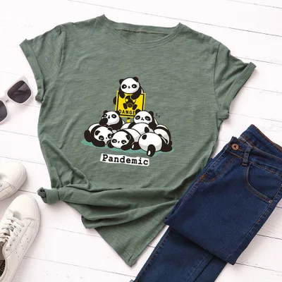 army green SINGRAIN/Базовая футболка с пандой, женская летняя безразмерная футболка с милым животным, хлопковые топы с забавным принтом, повседневные футболки с рисунком Харадзюку - Цвет: army green