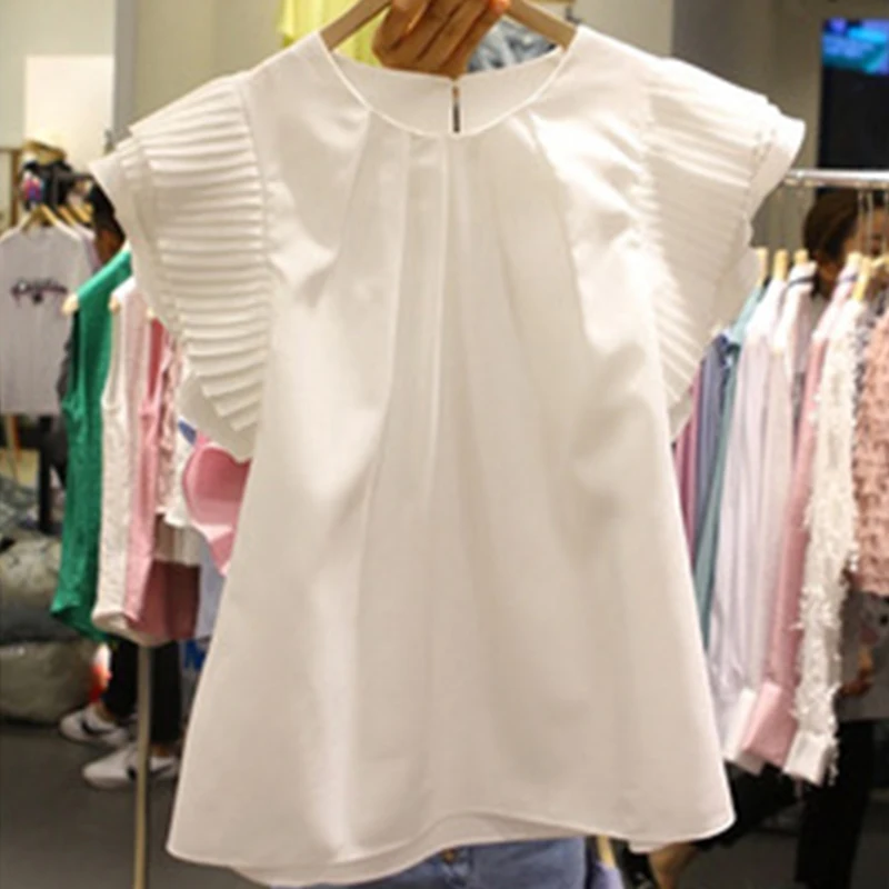 2019 новая однотонная Белая Летняя женская блузка с круглым вырезом коротким
