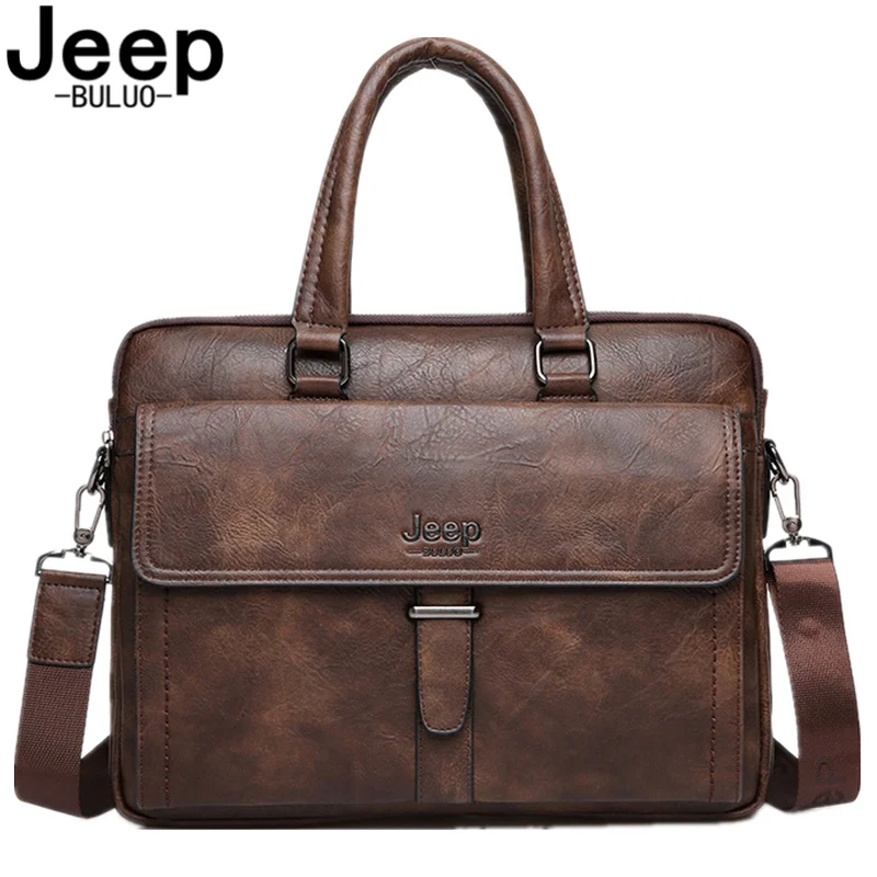 Мужской повседневный портфель jeep buluo, коричневый портфель для документов, сумка для ноутбука 14", кожаный деловой портфель с плечевым ремнем, все сезоны