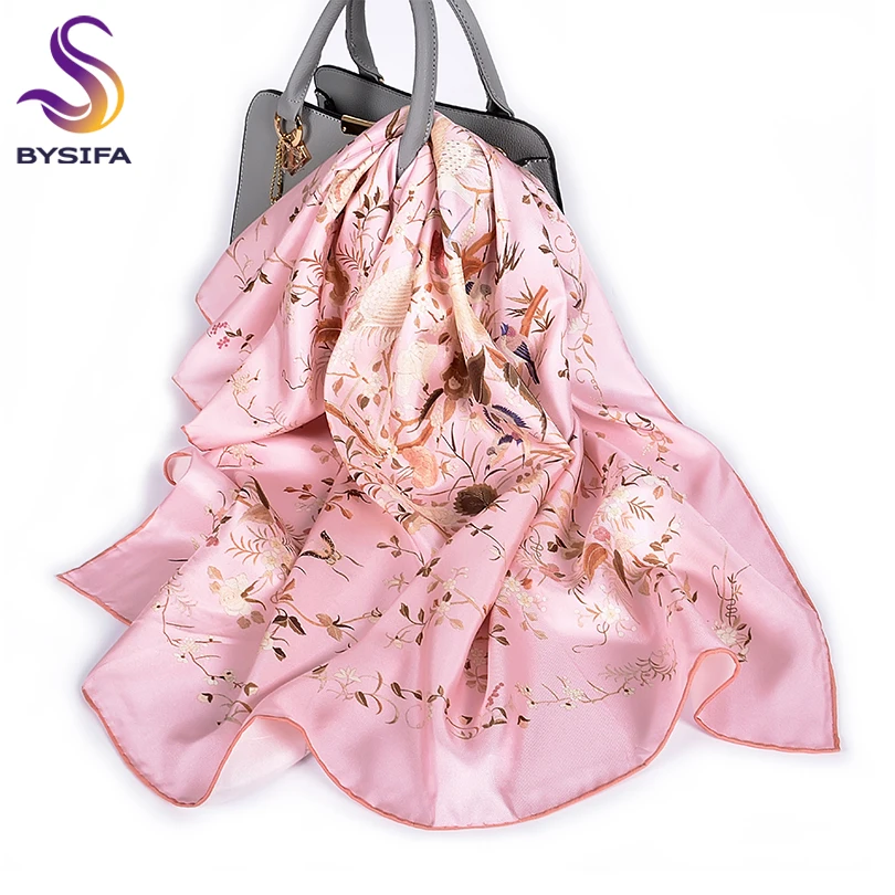

[BYSIFA] Women's Twill Scarves 2019 New Luxury Brand 100% Silk Scarf Shawl Autumn Elegant White Crane Design Neck Scarf Hijab