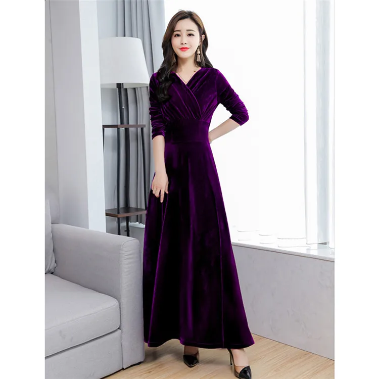 purple V-neck 3XL женские офисные платья с длинным рукавом, винтажное зеленое черное бархатное платье, осенне-зимнее платье размера плюс, женское платье - Цвет: purple V-neck