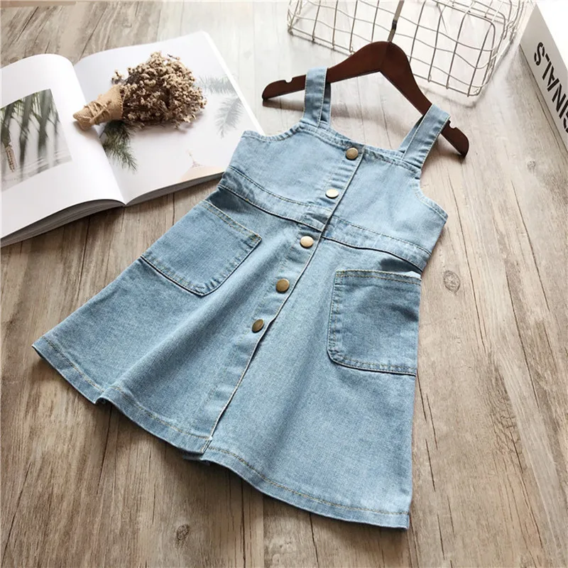 

DFXD Kids Dresses 2018 New Summer Fashion Sleeveless Square Collar Denim Blue Strap Dress Children Clothes Baby Jeans Dress 2-8Y
