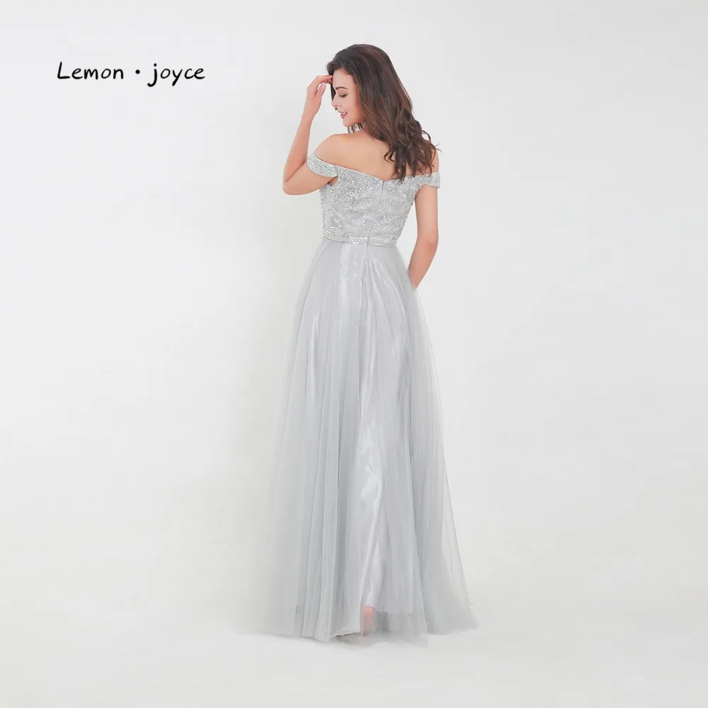 Шифоновые вечерние платья Lemon joyce серые Элегантные с открытыми плечами и бисером