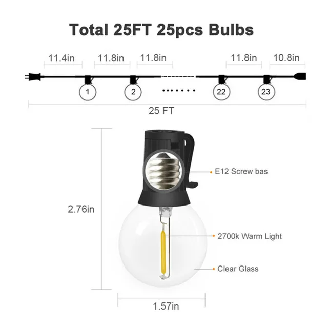 25FT 25LED Открытый светодио дный строки Водонепроницаемый IP65 18Ft/25Ft G40 Глобус светодио дный ламп накаливания для Патио крыльцо дворе для рождественской вечеринки - Испускаемый цвет: 25FT 25LED