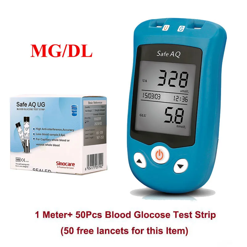 mg dL meter-50G Sinocare 2в1 CE безопасный АК UG глюкозы в крови измеритель кислотности и 50 тест-полоски для диабета Gout беременных родителей глюкометр - Цвет: mg dL meter-50G