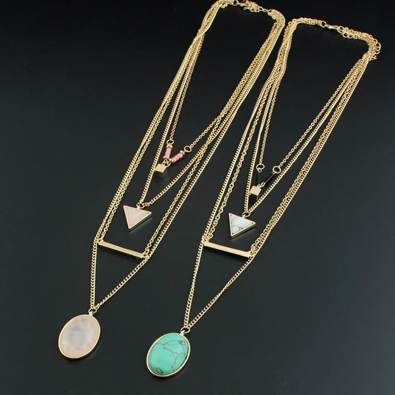 Multilayer Rose Pink Quartz Kallaite Natural Stone Pendant Short Gold Chain Necklaces Geometric Circle Accessories Jewelry | Украшения и