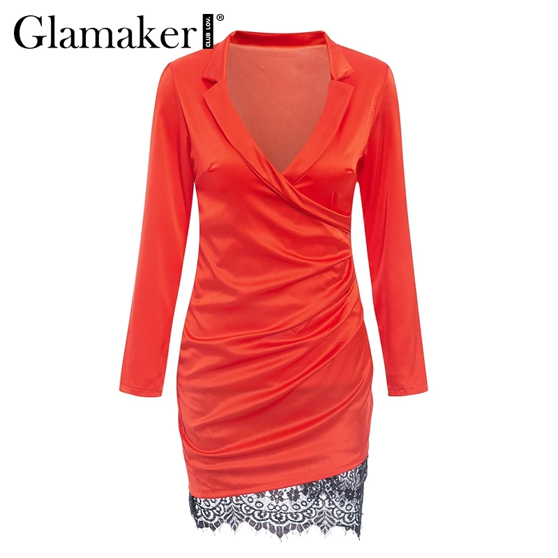 Orange Glamaker, атласное кружевное лоскутное сексуальное мини-платье, женское летнее облегающее платье с глубоким v-образным вырезом, элегантное женское уличное платье, вечерние платья для клуба - Цвет: Orange