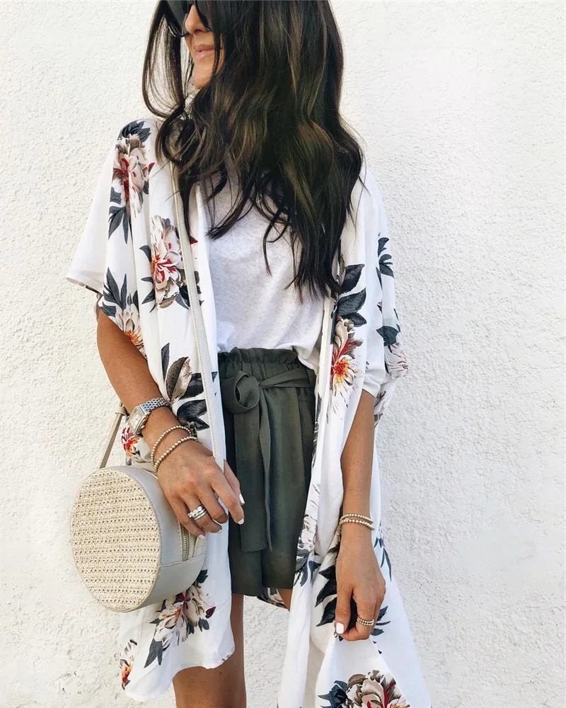 Длинная футболка женская летняя модная с коротким рукавом цветочным принтом