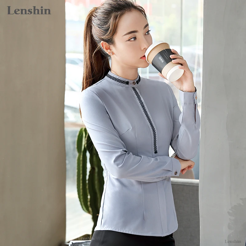 Lenshin Женская кружевная рубашка Карьера в бизнесе Офисная белая блузка элегантный