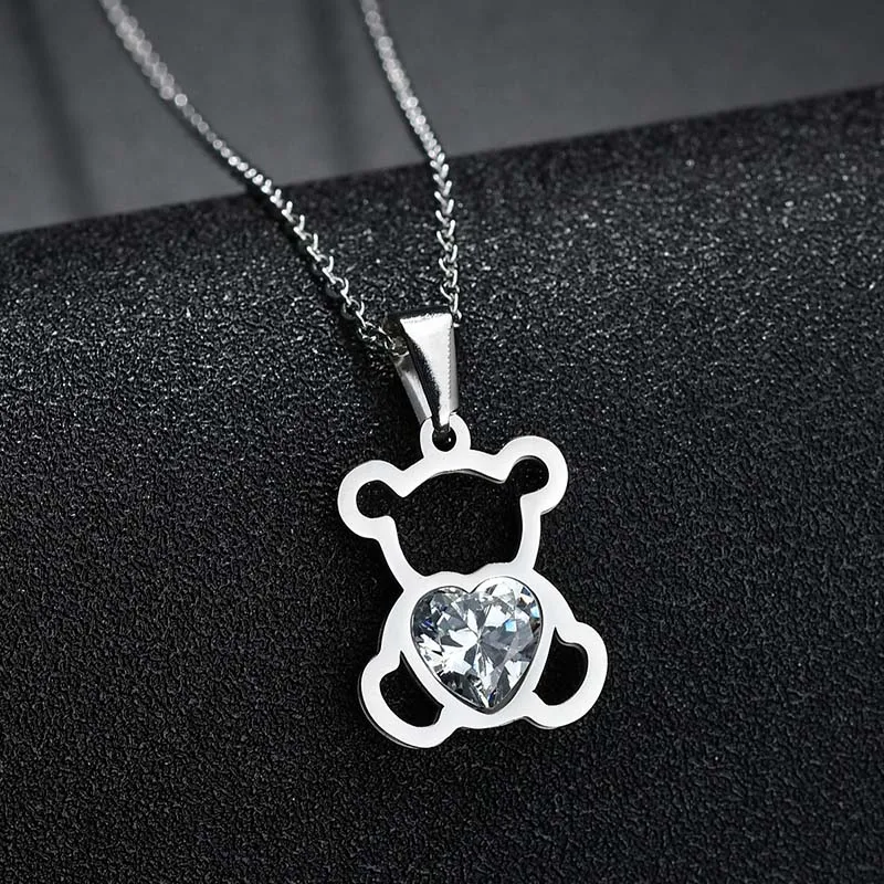 steel bear Колье из нержавеющей стали, милое ожерелье в виде совы и медведя, циркониевый в форме сердца, ожерелье в виде животного, подарок для женщин и детей - Окраска металла: steel bear