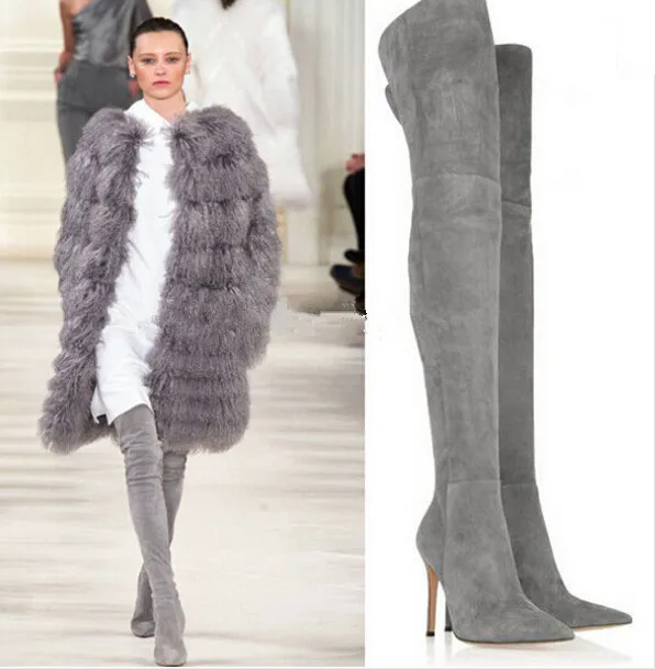 Большие размеры 43 серые замшевые высокие сапоги до бедра на высоком каблуке