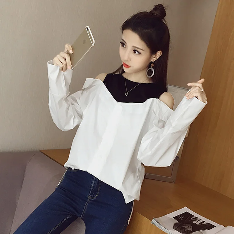 luxury brand designer spring autumn style blouse women Sexy white blouses lady shirts Fake two-piece off shoulder top blusas |