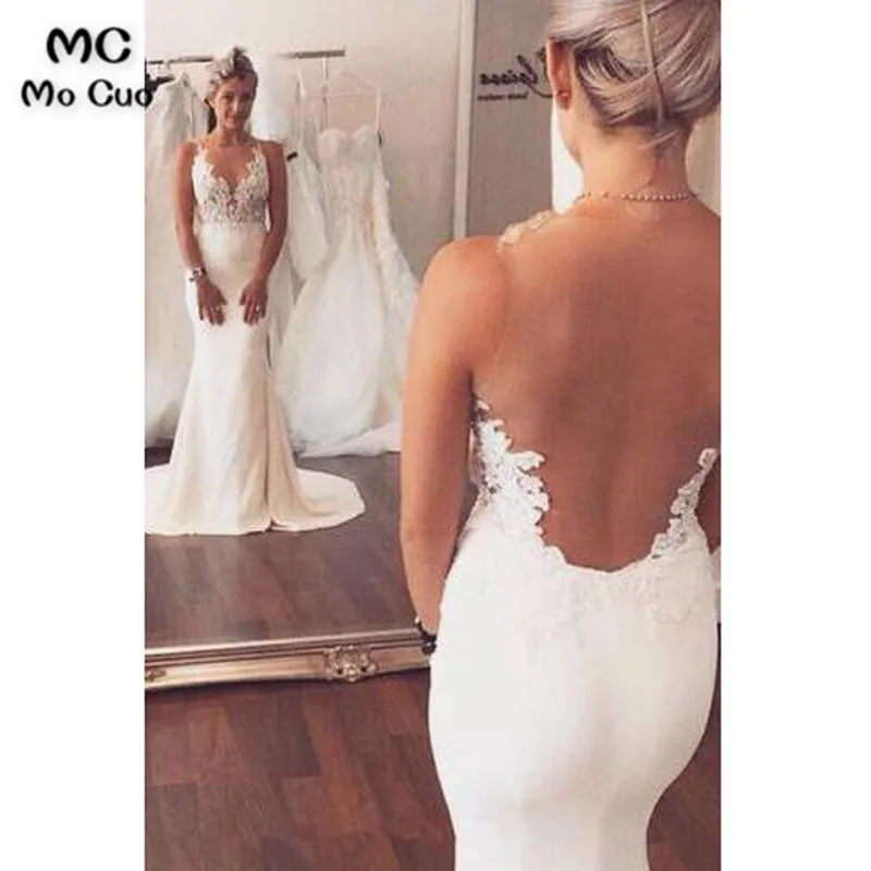 Иллюзия Свадебные платья русалки Vestido de noiva с v-образным вырезом кружева аппликация халат de soiree посмотрите на Дешевое платье невесты, свадебное платье