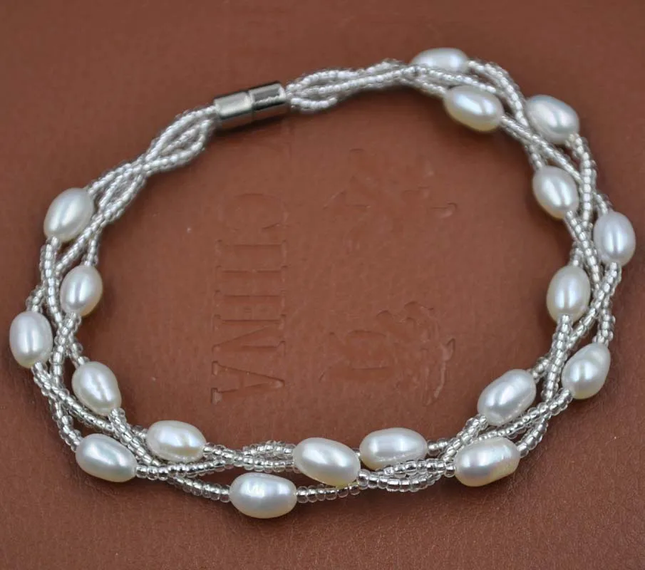 Оптовая продажа 3 линии риса настоящий пресноводный жемчуг набор ожерелье и